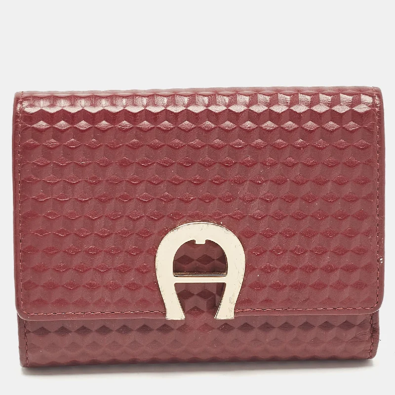 Custom keychains with sports team initials -Aigner Burgundy Embossed Leather Genoveva Trifold Compact Wallet