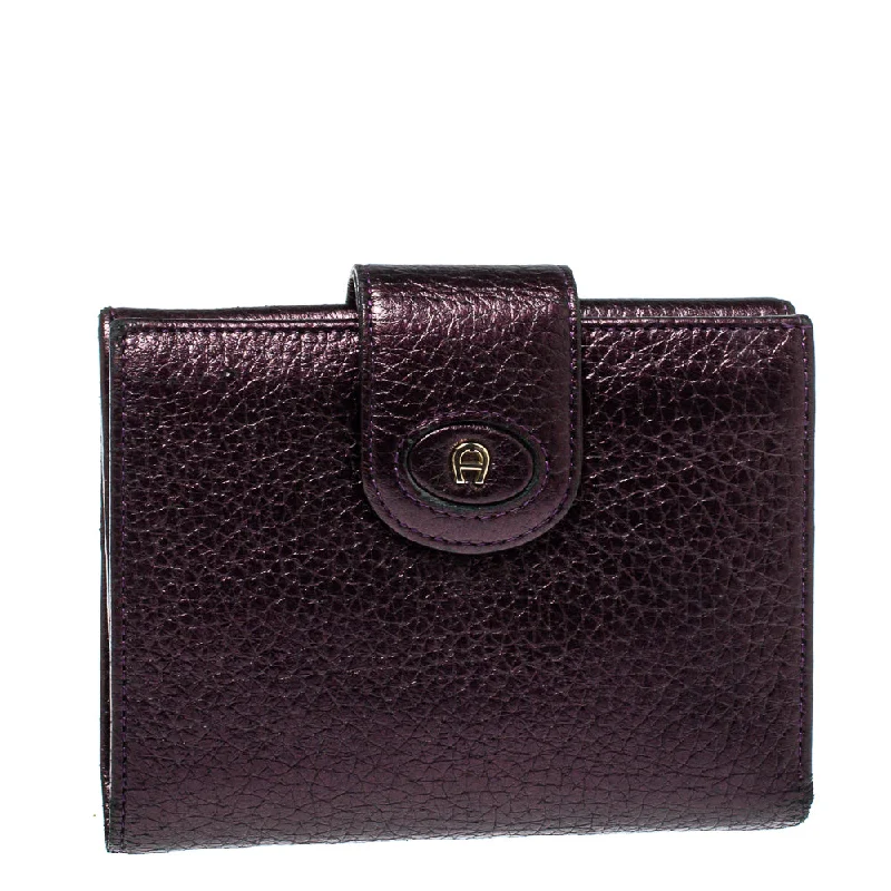 Vegan leather wallets for women -Aigner Metallic Purple Leather Compact Wallet