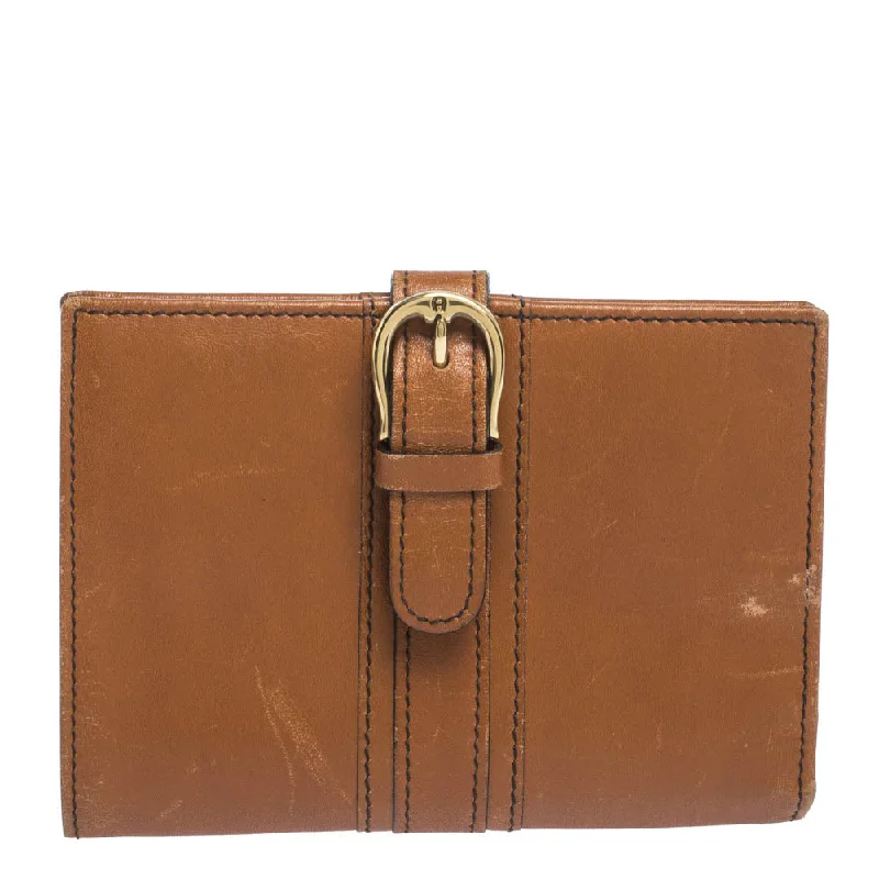 Multi-functional wallets for cards, cash, and coins -Aigner Tan Leather Compact Wallet..