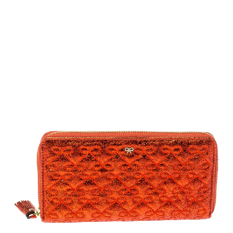 Personalized keychains for gifts -Anya Hindmarch Metallic Orange Textured Embossed Leather Zip Around Wallet