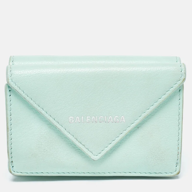 Unique leather wallets for men with extra compartments -Balenciaga Mint Green Leather Mini Papier Wallet