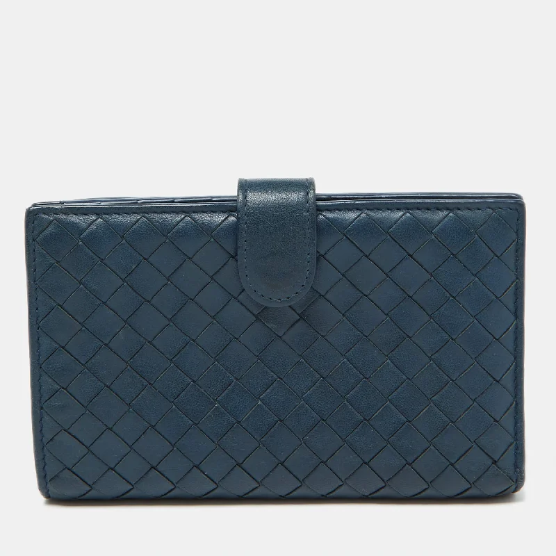 Personalized leather wallets with name engraving -Bottega Veneta Blue Intrecciato Leather Compact Wallet