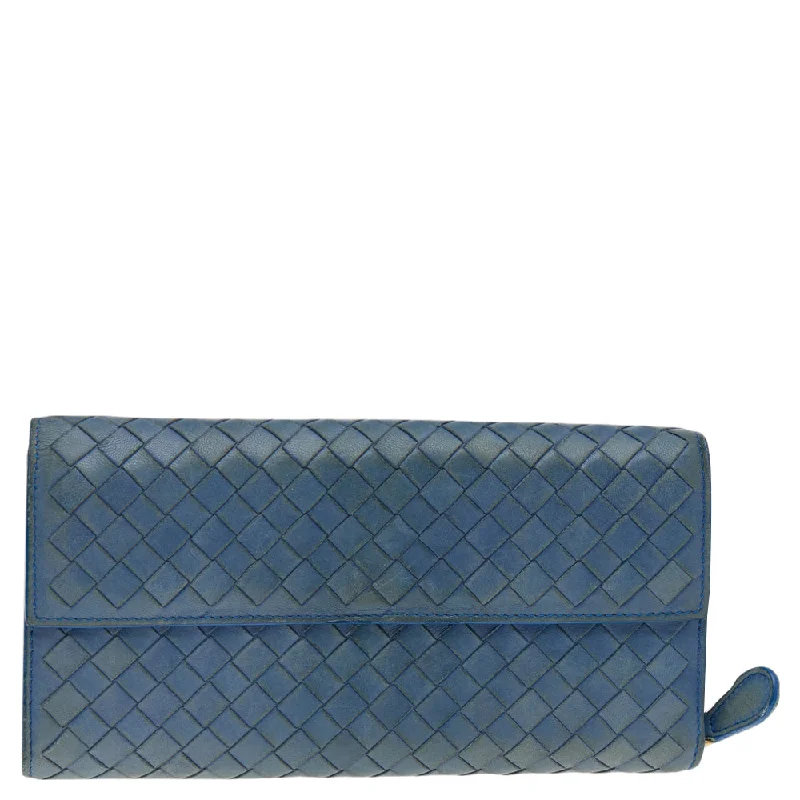 Wallets with removable cardholders for men -Bottega Veneta Blue Intrecciato Leather Continental Flap Wallet..