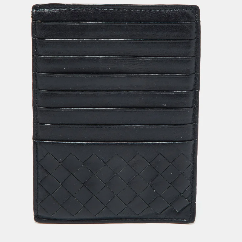 Trendy keychains for backpacks -Bottega Veneta Dark Blue Intrecciato Leather Zip Card Holder