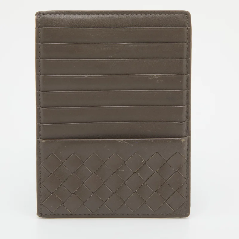 Minimalist wallets with coin compartments -Bottega Veneta Grey Intrecciato Leather Card Holder