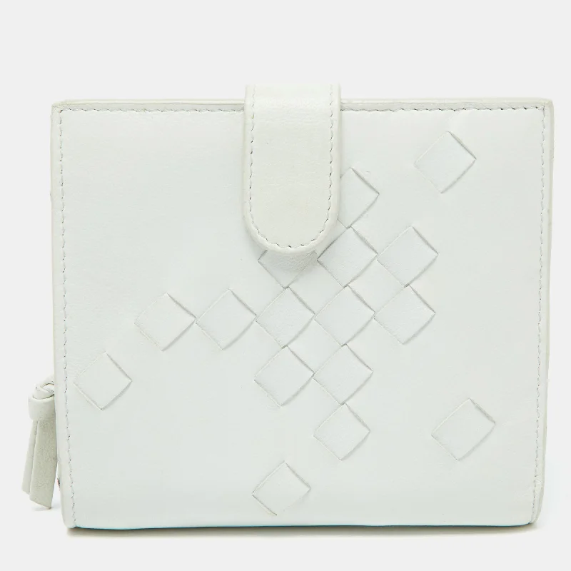 Wallets with coin sections for easy access -Bottega Veneta Off White Intrecciato Leather Compact Wallet