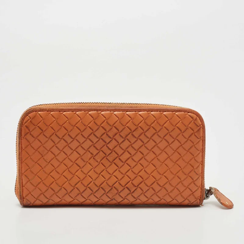 Keychains with initials for personalization -Bottega Veneta Orange Intrecciato Leather Zip Around Continental Wallet