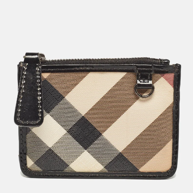 Multi-card wallets for keeping important IDs and cards -Burberry Beige/black Nova Check Pvc And Patent Leather Zip Coin Purse