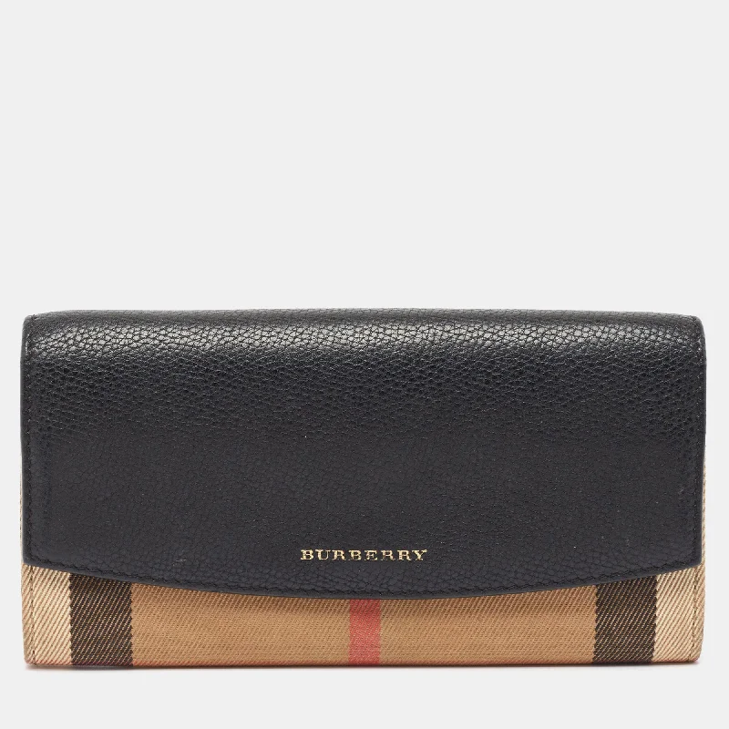 Wallets for men with compartments for receipts -Burberry Black/beige House Check Canvas And Leather Flap Continental Wallet