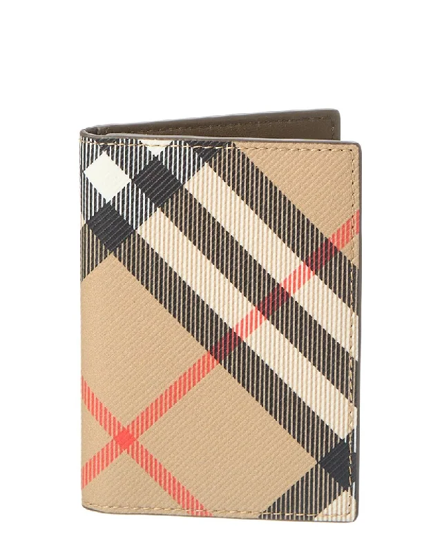 Designer wallets for travel with passport holder - Burberry Check E-Canvas Folding Card Case