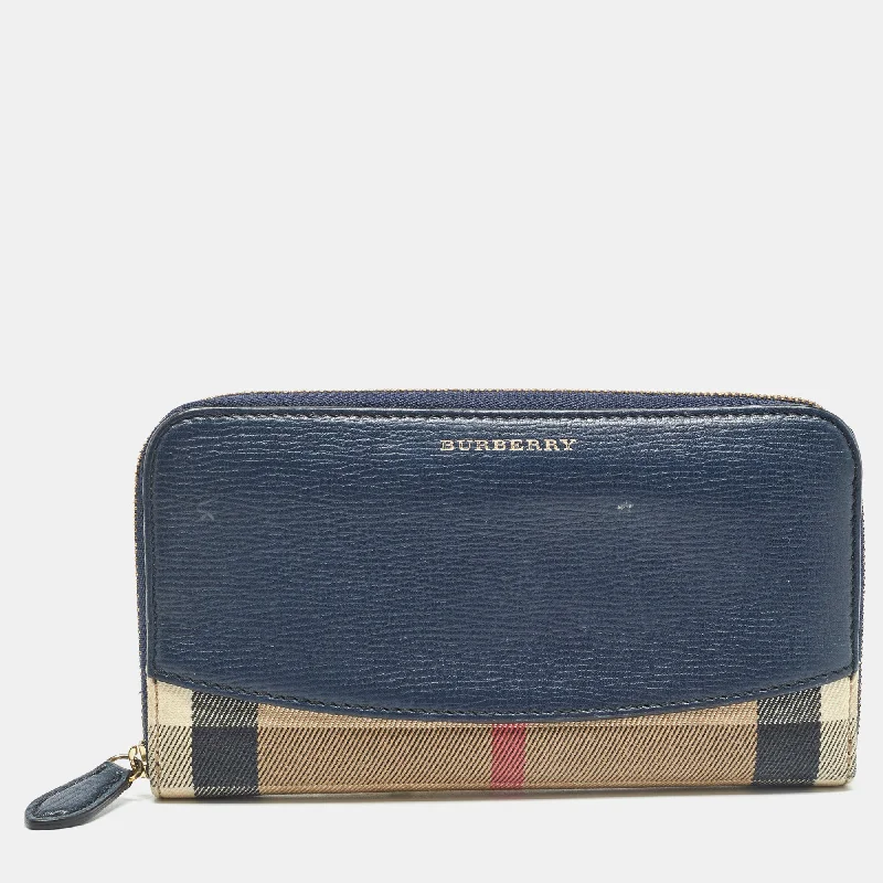 Wallets for women with flexible compartments -Burberry Navy Blue/beige House Check Canvas And Leather Zip Continental Wallet