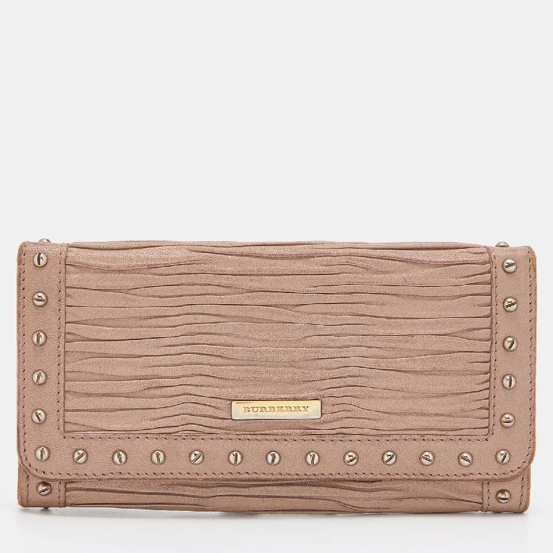 Minimalist wallets for cards and cash -Burberry Old Rose Pleated Leather Flap Continental Wallet