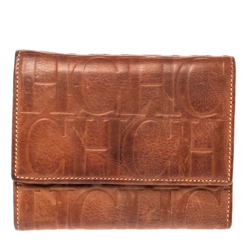 Wallets for men with plenty of card slots -Carolina Herrera Brown Embossed Leather Trifold Compact Wallet..