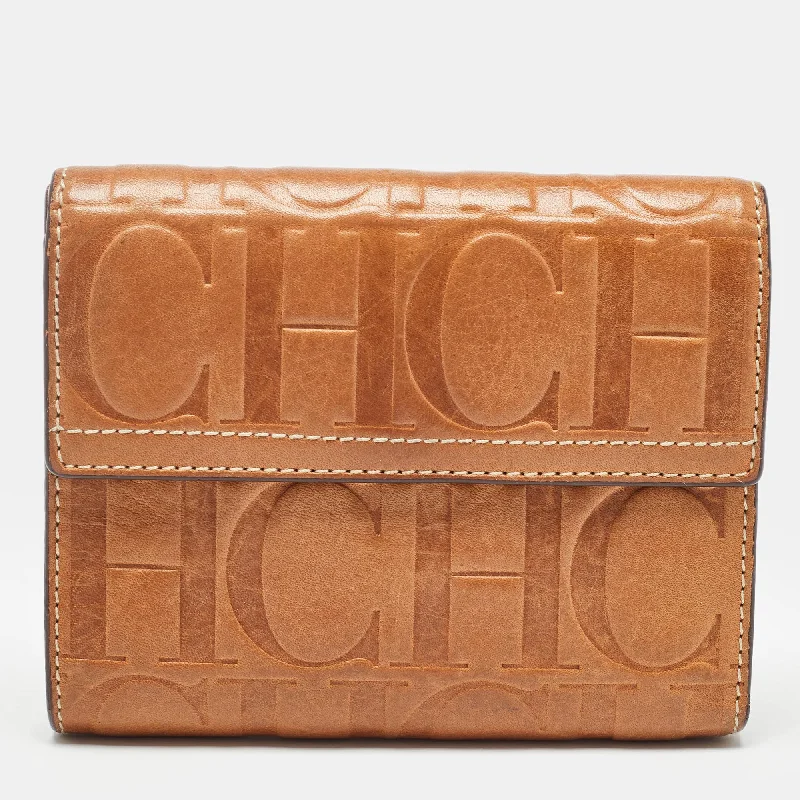 Leather wallets with coin pocket for men -Carolina Herrera Brown Monogram Embossed Leather Trifold Wallet