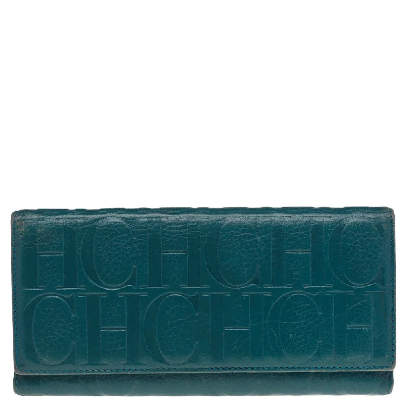 Women’s wallets with ID window -Carolina Herrera Green Monogram Embossed Leather Flap Continental Wallet..