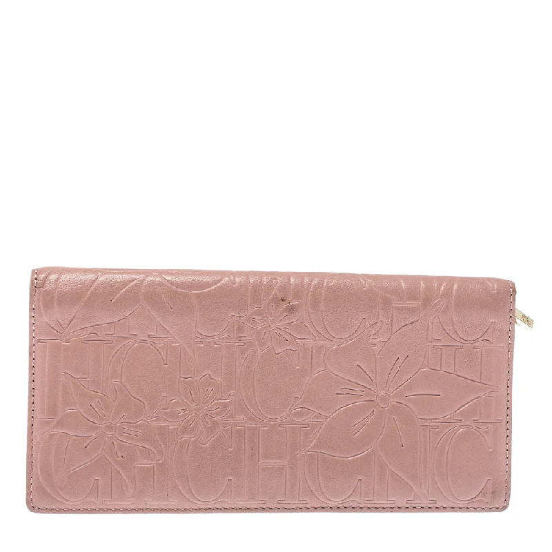 Designer keychains for keyring accessories -Carolina Herrera Pink Embossed Leather Continental Wallet..