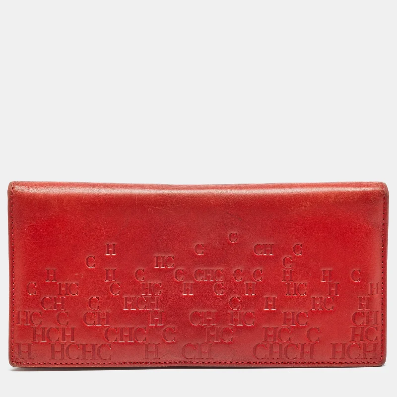 Stylish keychains with metal finish -Carolina Herrera Red Monogram Embossed Leather Bifold Long Wallet