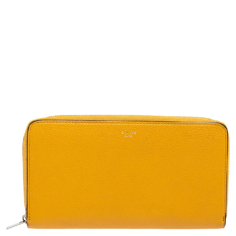 Women’s wallets with wristlet strap -Celine Mustard Yellow Leather Zip Around Wallet..