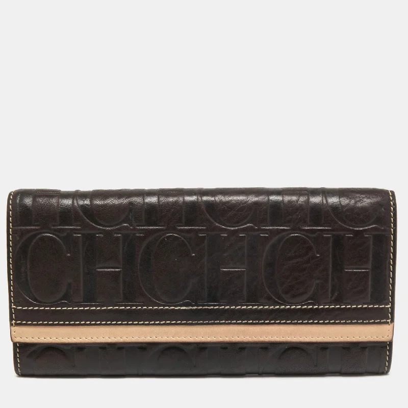 Wallets with built-in coin pouches for organization -Ch Carolina Herrera Brown/beige Monogram Embossed Leather Continental Wallet