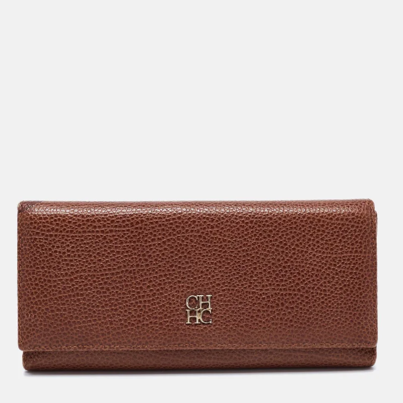 High-end wallets for gifting -Ch Carolina Herrera Brown Monogram Leather Flap Continental Wallet..