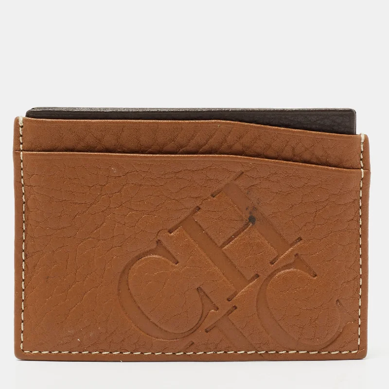 Wallets for women with zippered exterior pockets -Ch Carolina Herrera Tan Monogram Embossed Leather Card Holder