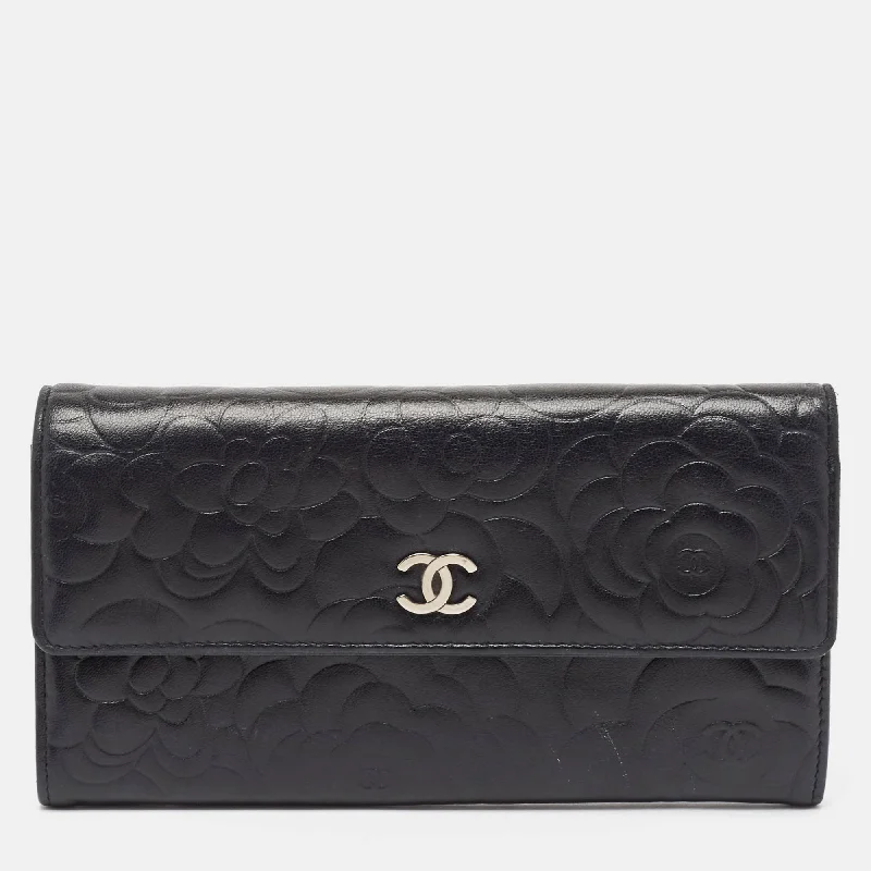 Men’s wallets with multiple card slots -Chanel Black Camellia Embossed Leather Large Flap Wallet