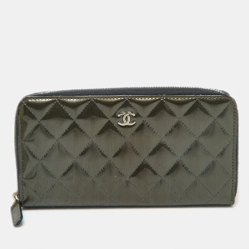 Handcrafted wallets for men -Chanel Olive Green Quilted Patent Leather Classic Zip Around Wallet..