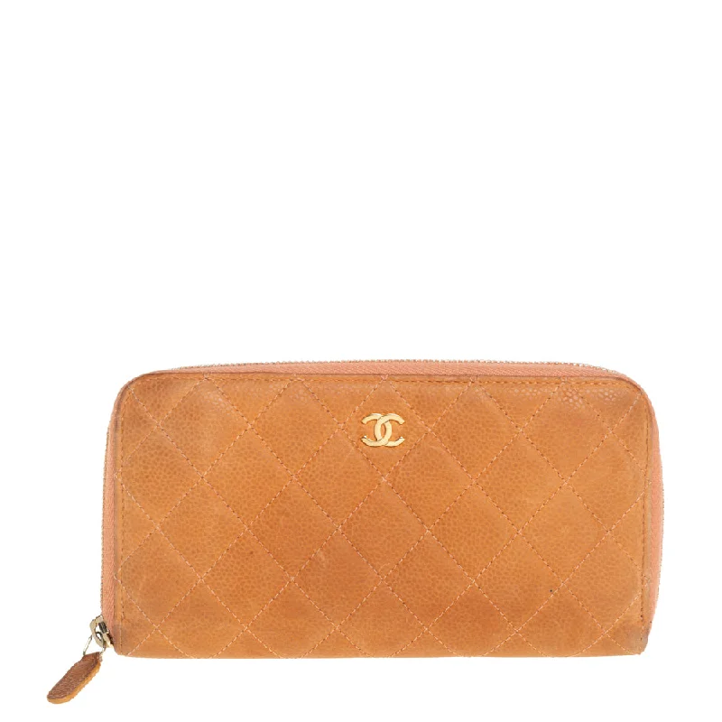 Vintage-style wallets for women -Chanel Orange Quilted Caviar Suede Cc Zip Around Wallet..