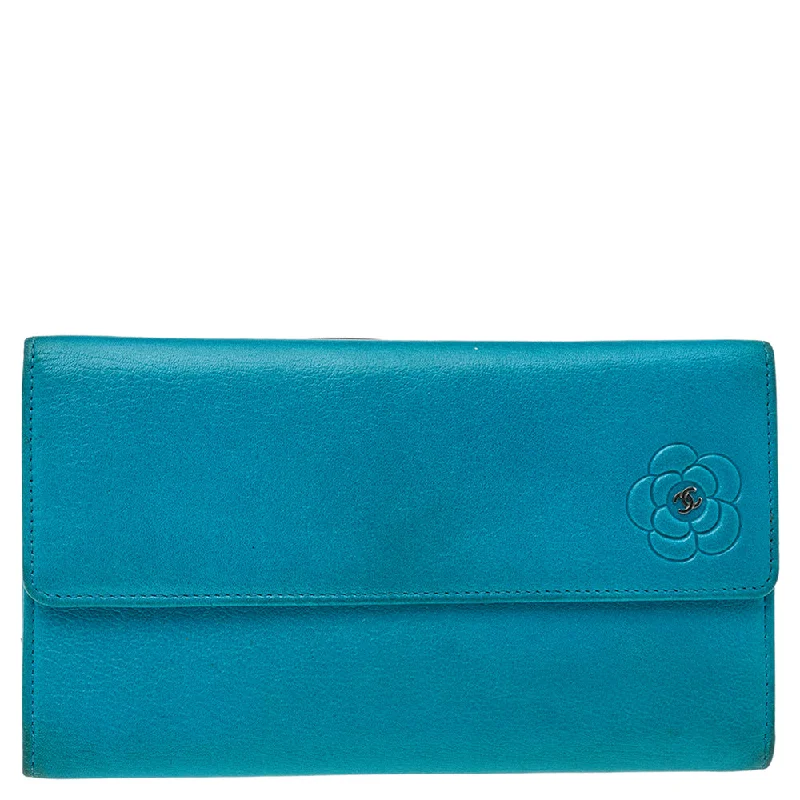 Wallets with card holders for easy access to cards -Chanel Turquoise Leather Cc Camellia Flap Continental Wallet