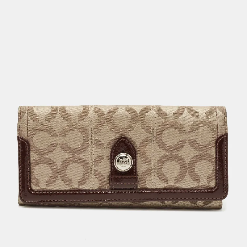 Slim wallets for minimalists -Coach Beige/brown Signature Canvas And Patent Leather Flap Continental Wallet