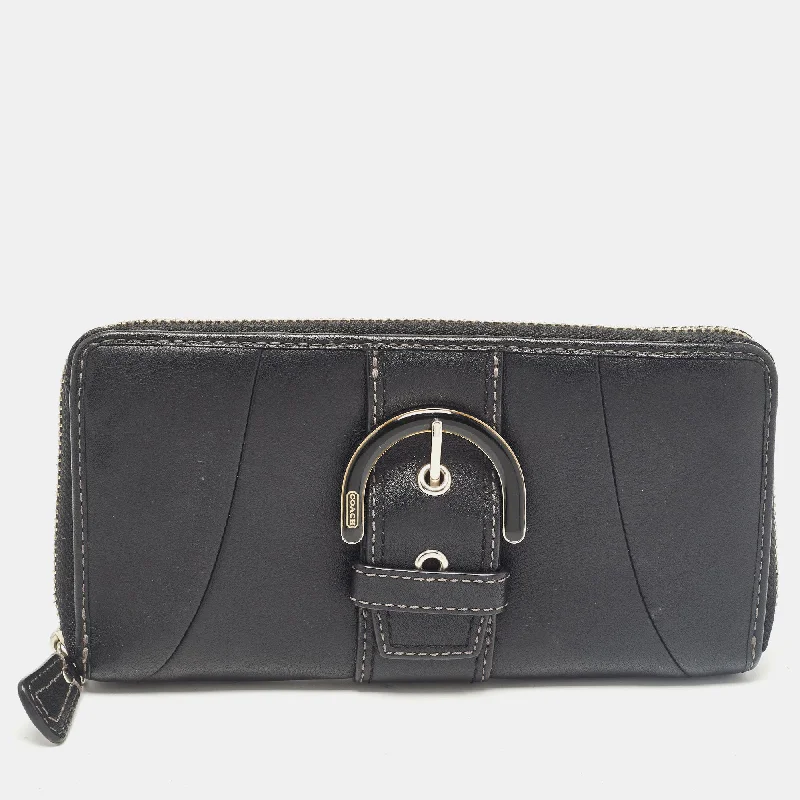 Personalized wallets for groomsmen gifts -Coach Black Leather Buckle Zip Continental Wallet