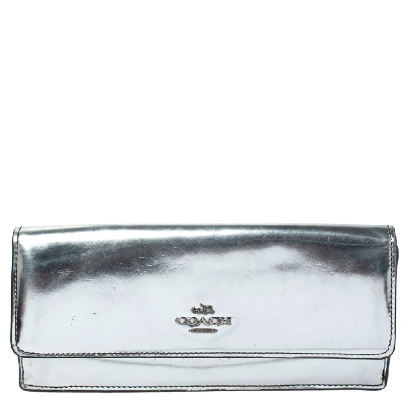 Keychains with customized designs for personal touch -Coach Metallic Silver Patent Leather Continental Wallet