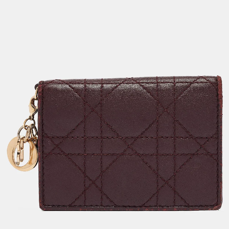 Wallets with card compartments and money clips -Dior Burgundy Cannage Leather Lady Dior Card Holder