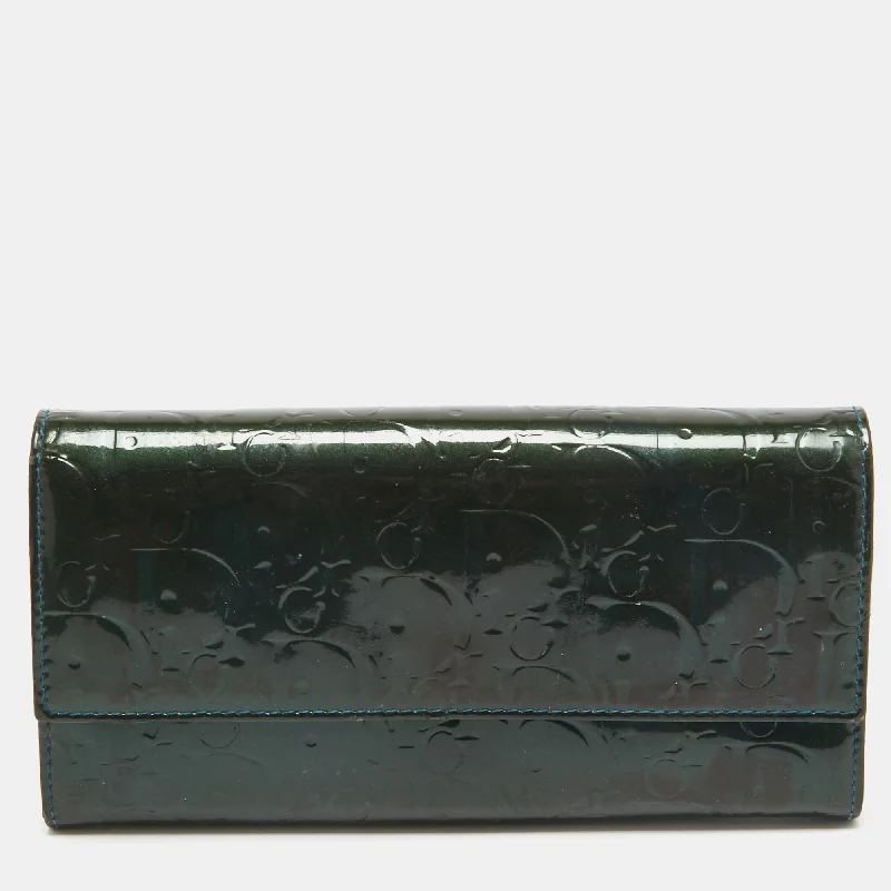 High-end wallets for gifting -Dior Green Oblique Embossed Patent Leather Continental Flap Wallet