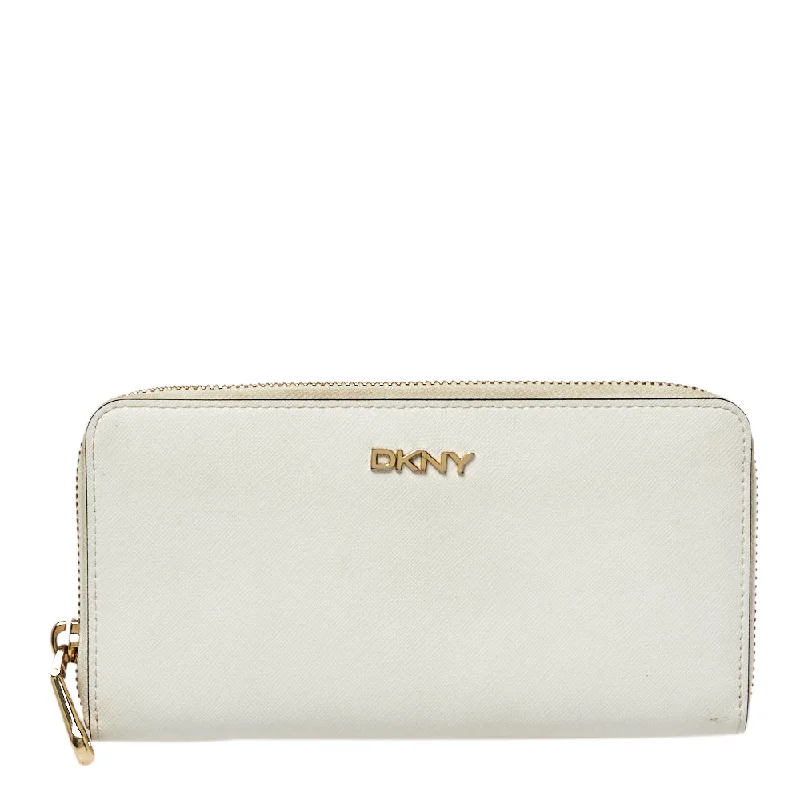 High-quality wallets for men with RFID protection -Dkny White Saffiano Leather Zip Around Continental Wallet..