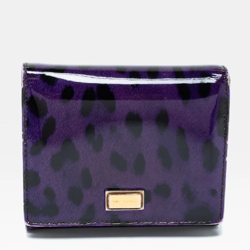 High-quality wallets with zippered compartments -Dolce & Gabbana Purple Leopard Print Patent Leather Trifold Wallet..