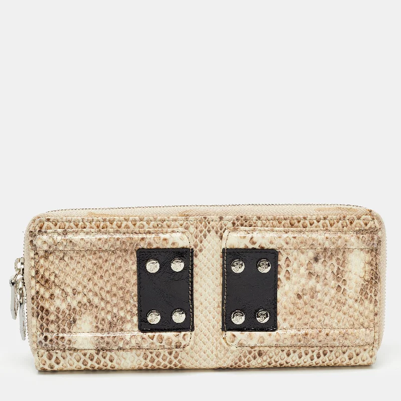 Women’s wallets with coin pocket and cardholders -Gianfranco Ferre Beige Watersnake Leather Zip Around Oversized Wallet