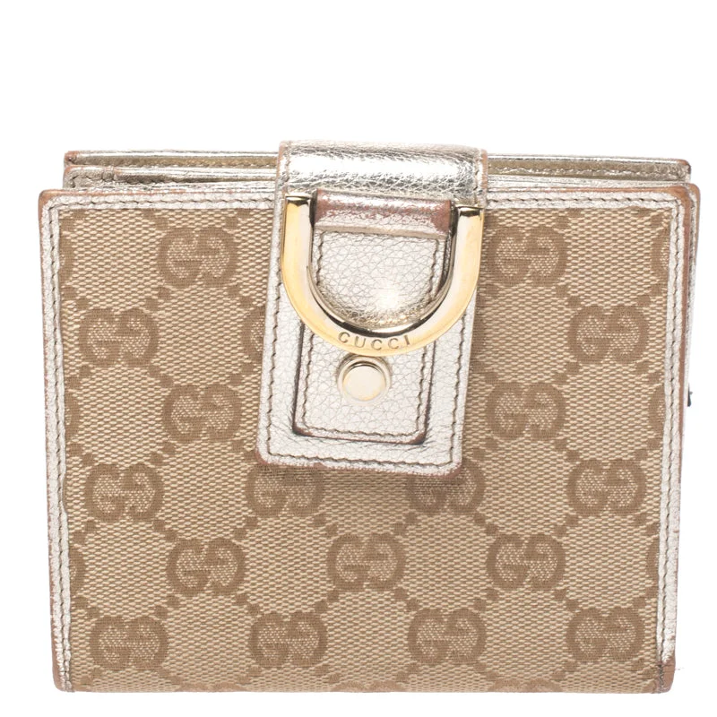 Luxury wallets for special occasions -Gucci Beige/metallic Gold Gg Canvas Abbey D Ring Compact Wallet..