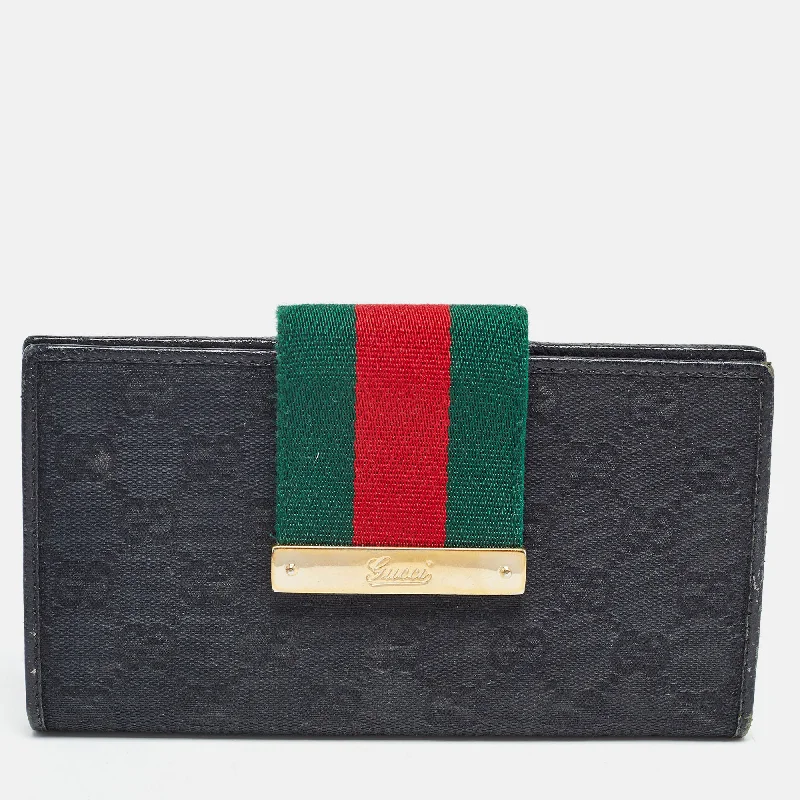 Fashionable wallets for women with zip-around closures -Gucci Black Gg Canvas And Leather Web Flap Wallet