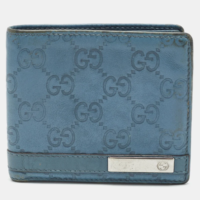 Small wallets for women -Gucci Blue Guccissima Leather Metal Bar Bifold Wallet