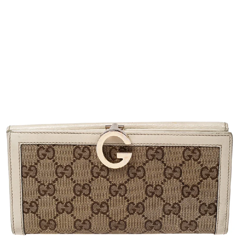 Magnetic wallets for easy closure -Gucci White/beige Gg Canvas And Leather G Bit Flap Continental Wallet..