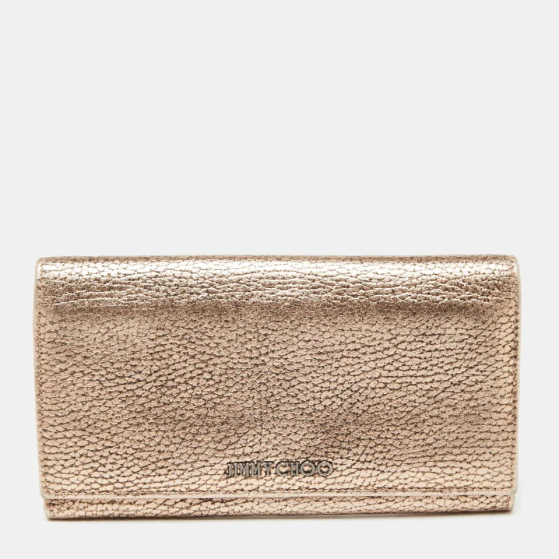 Wallets with built-in coin pouches for convenience -Jimmy Choo Metallic Rose Gold Leather Flap Continental Wallet