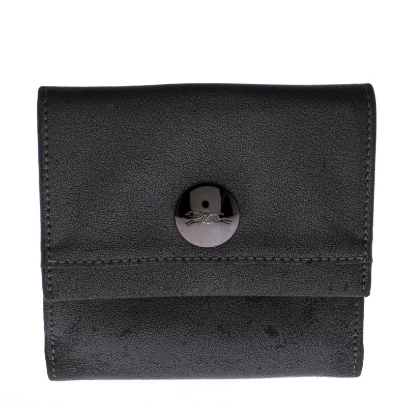 Personalized wallets for anniversary gifts -Longchamp Metallic Grey Leather Flap Button Compact Wallet..