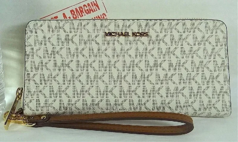 Multifunction wallets for women -Michael Kors Jet Set Travel ivory Signature PVC Continental Wallet Wristlet