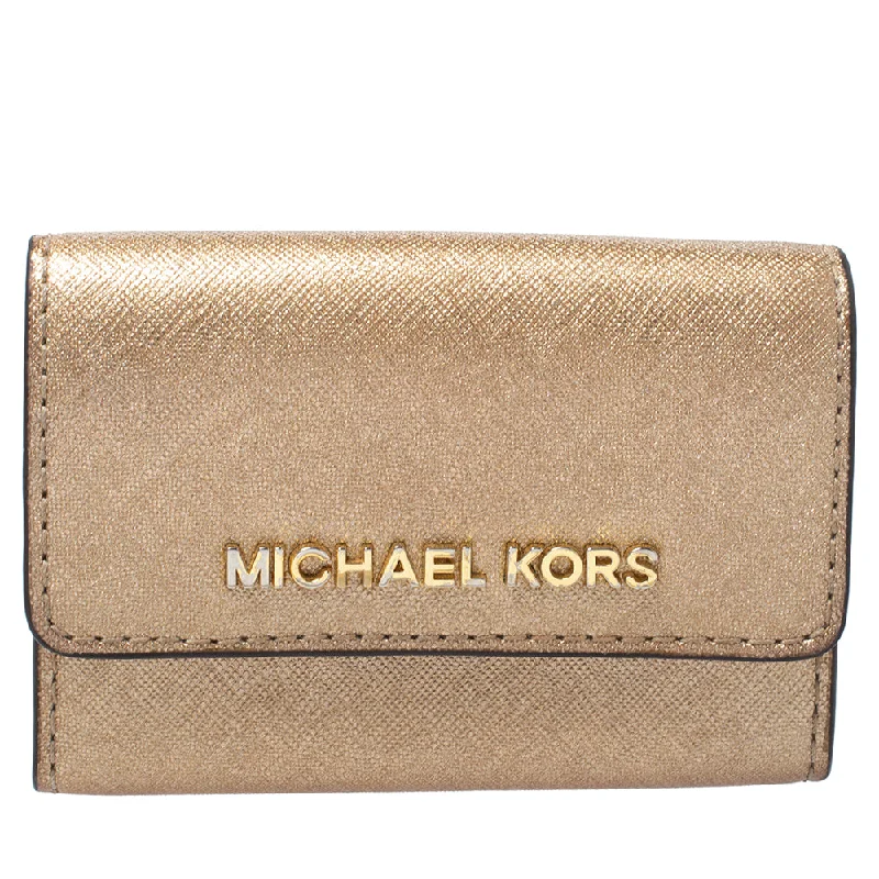 Wallets with compact design for travel light -Michael Kors Metallic Gold Leather Flap Card Holder