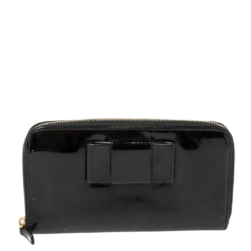 RFID wallets for keeping personal information secure -Miu Miu Black Patent Leather Bow Zip Around Wallet