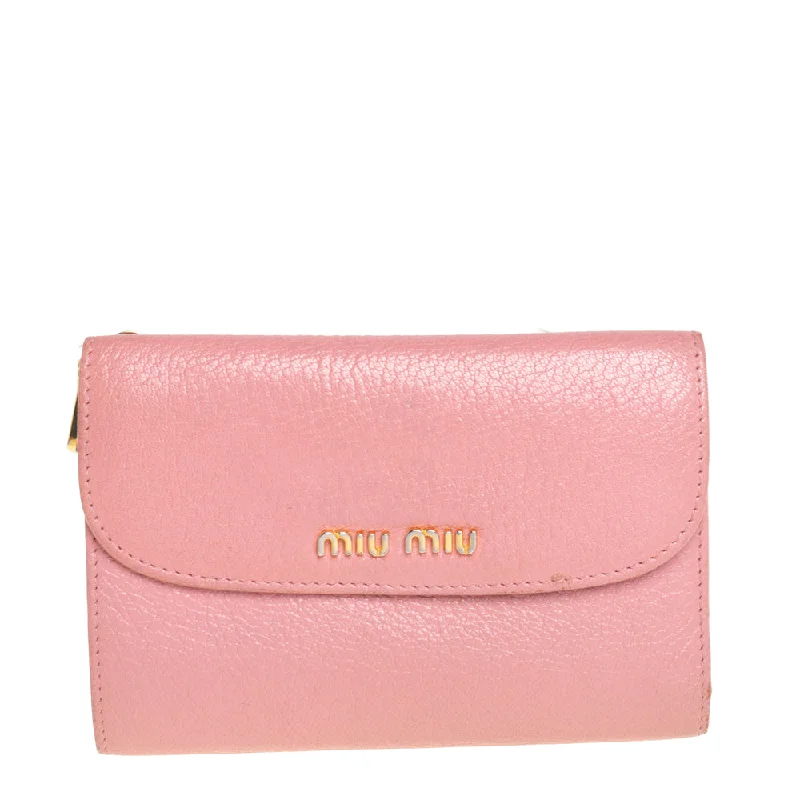 Slim wallets for men with minimalist designs -Miu Miu Pink Leather Madras Compact Wallet..