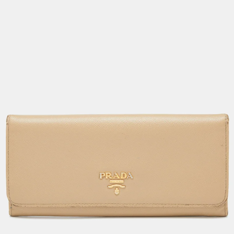 Designer keychains for keyring accessories -Prada Beige Saffiano Leather Flap Continental Wallet