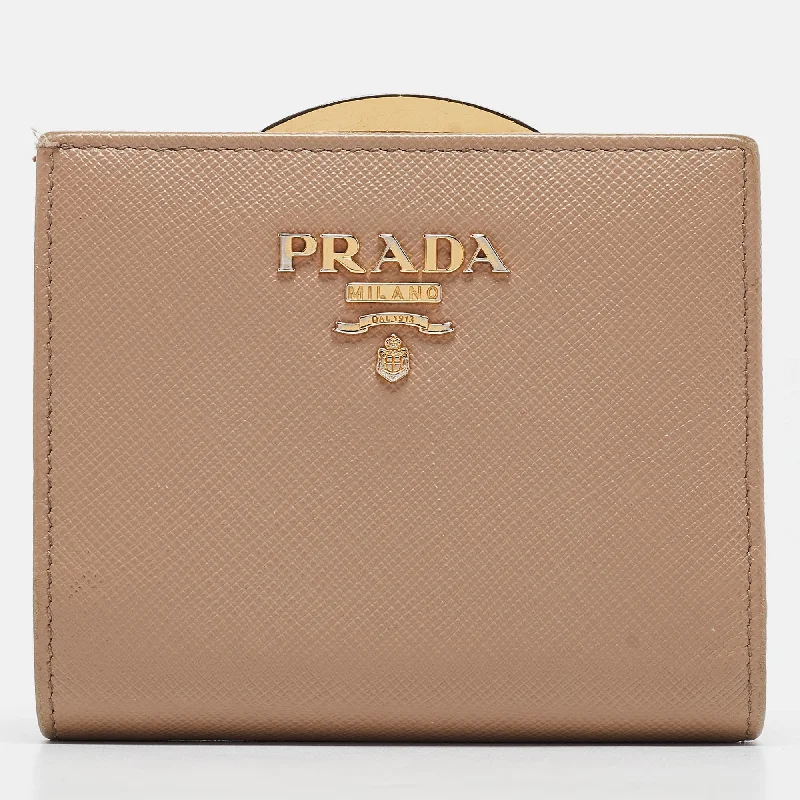 Designer wallets for men with smooth leather finish -Prada Beige Saffiano Metal Leather Frame Compact Wallet