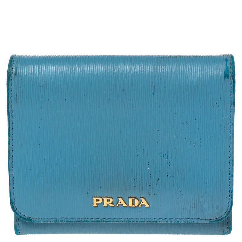 Travel wallets for men with passport holder -Prada Blue Vittello Move Leather Trifold Wallet..